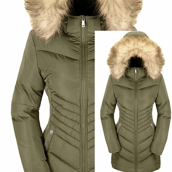 ARMY GREEN Down Jacket Winter Long Puffer Parka Coat with Removable Fur Hood - Picture 1 of 7